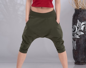 Short Harem Pants Women, Drop Crotch Shorts, Summer Khaki Baggy Pants