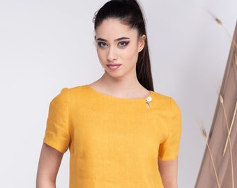 Linen Blouses for Women, Linen Top Women Mustard, Linen Basic Top