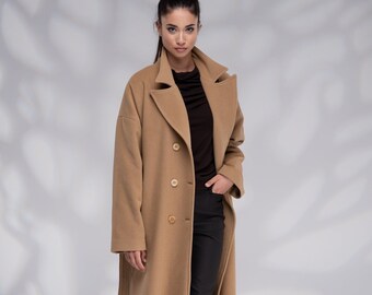 Manteau en laine femme, Manteau oversize, Manteau long d'hiver, Manteaux grande taille, Manteaux femme, Manteau croisé, Manteau camel