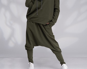 Khaki Haremshose Frauen, Hose mit tiefem Schritt, Sporthose in Übergröße, Baggyhose, Hose mit tiefem Schritt, Damen Sporthose