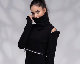 Zipper Sweatshirt for Women, Turtleneck Fitted Sweatshirt, High Neck Top, Warm Top, Winter Top with Cold Shoulder