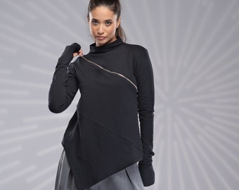 Asymmetrical Tunic Top, Black Fitted Sweatshirt with Zipper and Thumb Hole