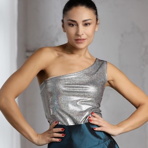One Shoulder Silver Top, Elegant Shiny Top, Wedding Top Separates, Elegant Stretchy Top