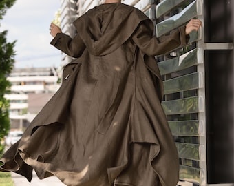 Organic Linen Jacket, Hooded Linen Cape, Summer Long Cloak with Hood