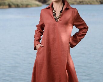 Burnt Orange Linen Long Sleeve Maxi Dress, Collared, Pockets