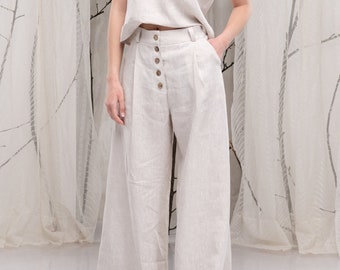 Pantalones anchos de lino para mujer, pantalones palazzo de verano con dos bolsillos