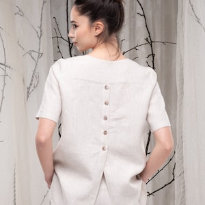 Linen Blouse for Women Short Sleeve, Linen Top with Buttons on Back, Elegant Linen Blouse, Loose Linen Top