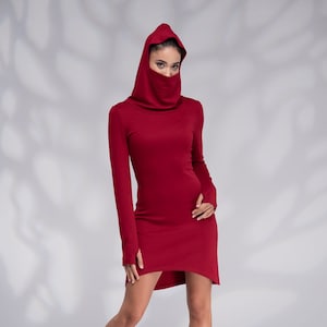 Vestido con capucha para mujer, vestido estilo sudadera burdeos con cubrepolvo, vestido asimétrico, minivestido de invierno, capucha