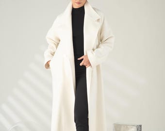 White Long Wool Coat, Oversized Maxi Winter Coat with Belt