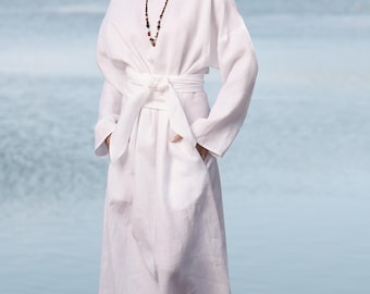 White Linen Abaya, Linen Kaftan Maxi Dress, Long Sleeve, Obi Belt, Pockets
