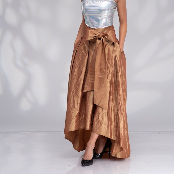 Wedding Skirt, Taffeta Skirt with Tie Sash Bow, Bridal Skirt, Formal Long Maxi Skirt, High Low Skirt