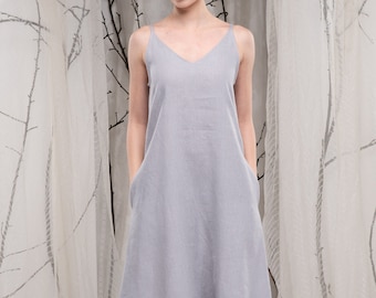 Color-block Linen Dress ADRIA / Midi White and Gray Linen Tunic Dress 