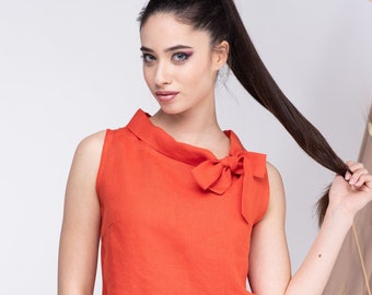 Linen Blouse for Women, Linen Top Sleeveless, Summer Elegant Blouse, Orange Linen Top Women