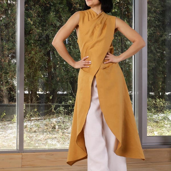 Avantgarde Leinen Tunika, lange ärmellose asymmetrische Tunika, futuristisches Kleid