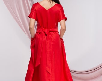 Robe grande taille rouge, robe de cocktail, robe longue en lin