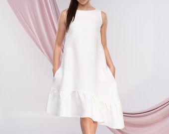 Weißes Kleid, Midi-Damen-Leinenkleid, Hochzeits-Partykleid
