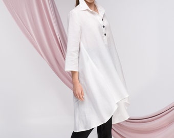 White Linen Tunic Women, Plus Size Linen Top Women, Linen Collared Shirt, Linen Tunic Shirt