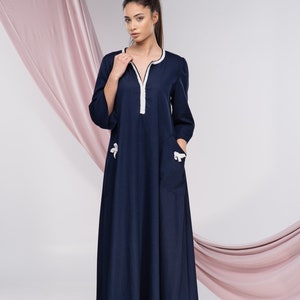 Linne Kaftan Maxiklänning, Broderad Boho Abaya bild 4