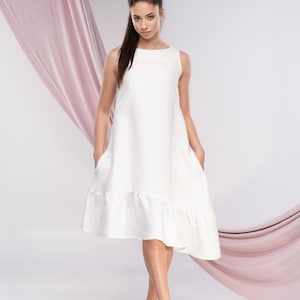White Dress, Midi Womens Linen Dress, Wedding Party Dress