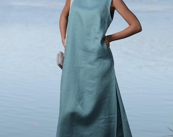 Turquoise Simple Maxi Linen Dress, Sleeveless A-line Dress, Side Pockets