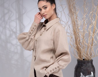 Linen Edwardian Blouse, Puffy Sleeve Blouse for Women