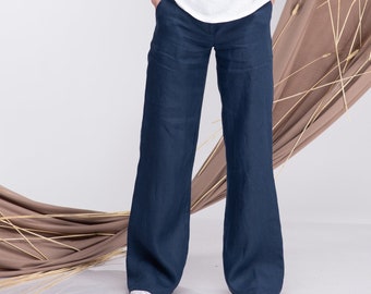 Linen Wide Leg Pants for Women, Summer Palazzo Pants with Elastic Waist