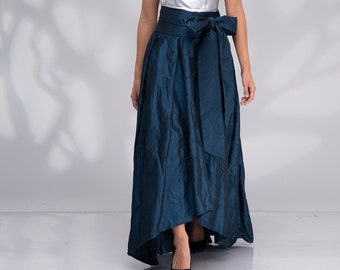 Formal Long Maxi Skirt, Wedding Skirt, Bridal Skirt, Taffeta Skirt with Tie Sash Bow, High Low Skirt
