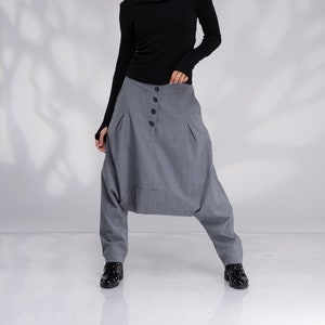 Wolle Haremshose Frauen, Haremshose mit tiefem Schritt, Baggyhose, Wollhose, Winter Graue Hose