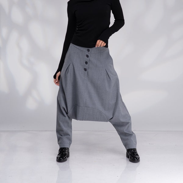 Pantalon Harem en laine Femmes, Pantalon Drop Crotch, Pantalon Baggy, Pantalon en laine, Pantalon gris d’hiver