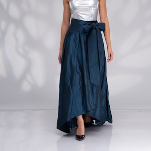 Formal Long Maxi Skirt, Wedding Skirt, Bridal Skirt, Taffeta Skirt with Tie Sash Bow, High Low Skirt