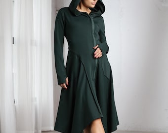 Vestido largo con capucha asimétrico, vestido tipo sudadera con capucha y mangas con orificio para el pulgar.
