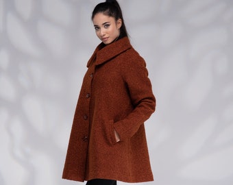 Wool Swing Coat Women, Plus Size Coat, Winter Short Coat, A Line Coat,  Burnt Orange, Warm Coat 