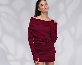 burgundy off shoulder sweater dress Red The burgundy wraps you in elegance Dresses | Off-Shoulder Cable Knit