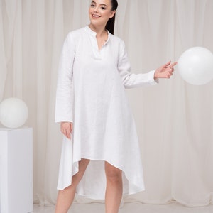 White Short Linen Dress Asymmetrical, Minimalist Dress High Low Hem, Summer Simple Dress Linen