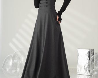 Winter Victorian Walking Skirt, Wool Maxi Skirt with High Waist