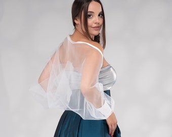 Wedding Bolero Shrug White, Sheer Bridal Shrug, Tulle Bolero with Puff Sleeve