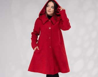 Wool Swing Coat, Hooded Coat Women, Winter Coat, Warm Coat, Short Wool Coat with Lining