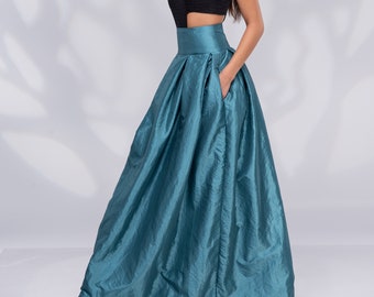 Formal Long Maxi Skirt, High Waisted Skirt, Taffeta Skirt Teal Blue