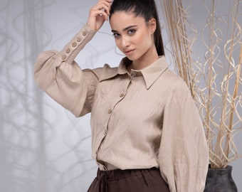 Linen Victorian Blouse, Puffy Sleeve Linen Button Up Shirt