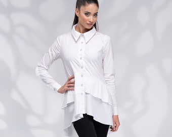 White Maxi Tunic, Womens Long Shirt, Plus Size Asymmetric Shirt, Designer Shirt, Collared Maxi Shirt White