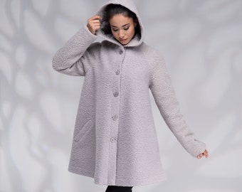 Manteau trapèze en laine, Manteau à capuche pour femme, Manteau d'hiver, Manteau chaud, Manteau court en laine avec doublure