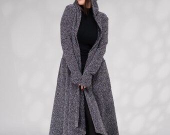 Wool Cloak with Hood, Long Hooded Cardigan, Winter Hooded Sweater Coat