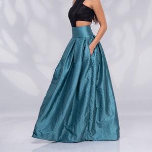 Formele lange maxirok, hoog getailleerde rok, Taffeta rok Teal Blue afbeelding 1