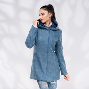 Wool Coat Women, Short Hooded Coat with Zipper image 5