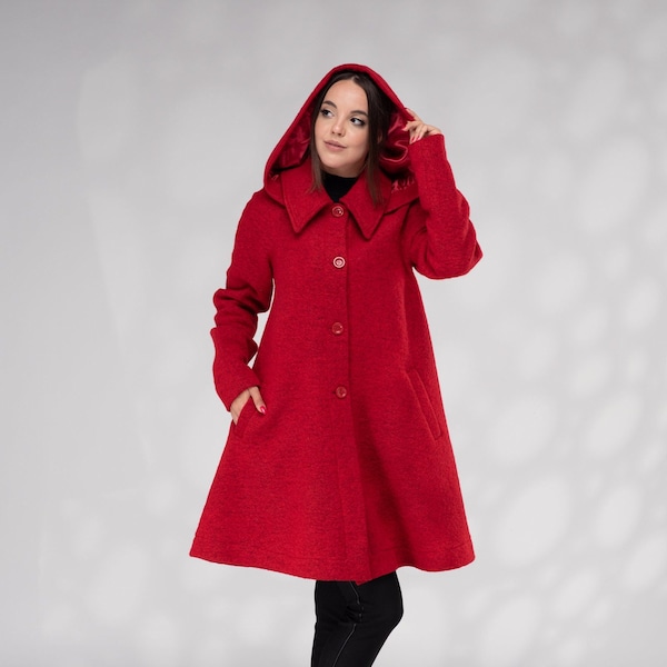 Manteau swing en laine, manteau à capuche femmes, manteau d’hiver, manteau chaud, manteau de laine court avec doublure