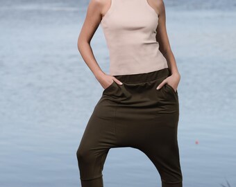 Short Harem Pants Women, Drop Crotch Shorts, Summer Khaki Baggy Pants