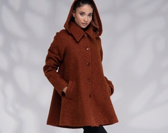 Manteau trapèze en laine, Manteau à capuche pour femme, Manteau d'hiver, Manteau chaud, Manteau court en laine avec doublure