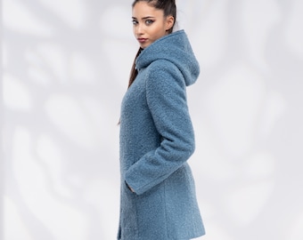 Manteau en laine femme, manteau court à capuche avec fermeture éclair