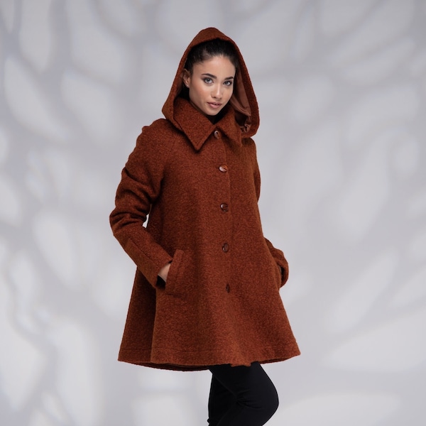 Manteau trapèze en laine, Manteau à capuche pour femme, Manteau d'hiver, Manteau chaud, Manteau court en laine avec doublure