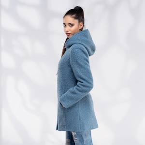 Wool Coat Women, Short Hooded Coat with Zipper image 3